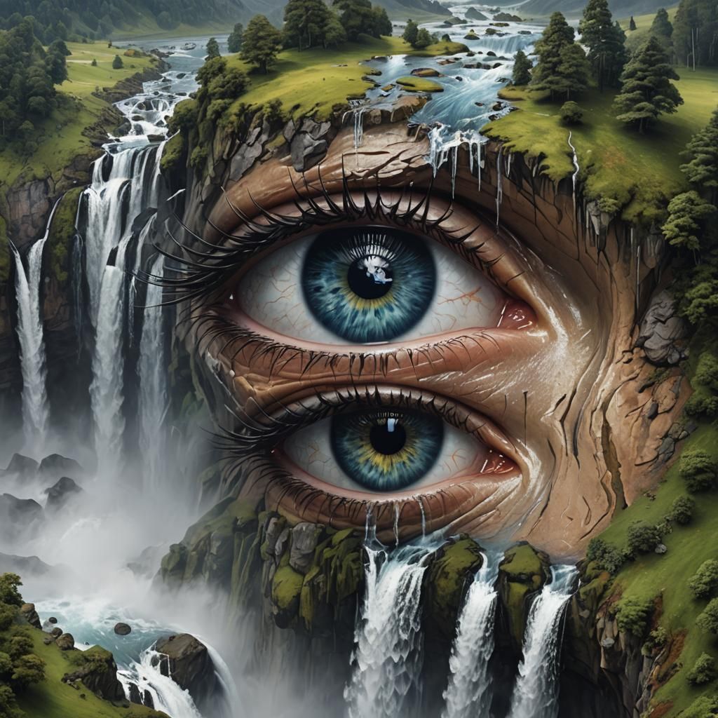 Hyperrealistic Eye Reflecting Waterfall Landscape