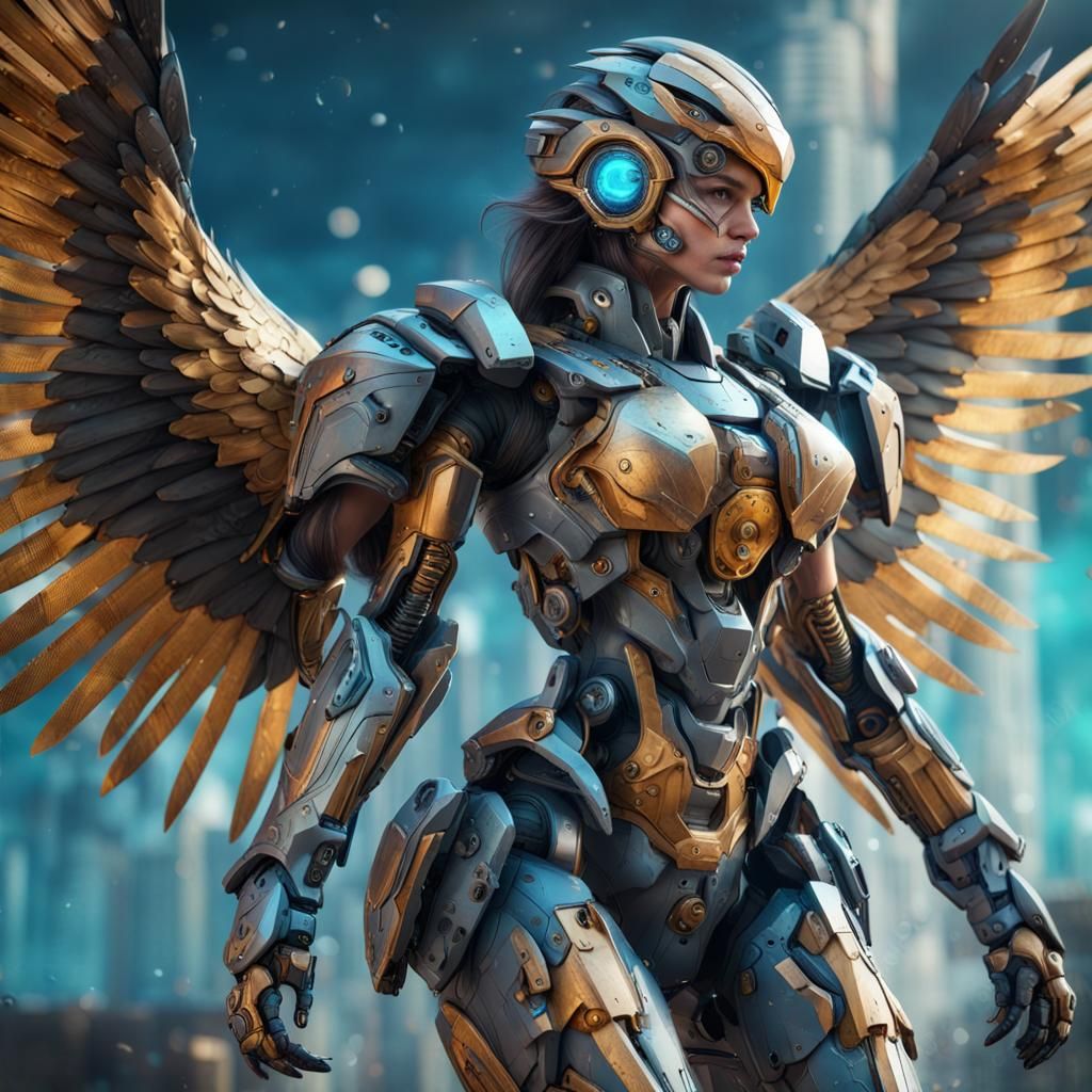 Female Mecha Warrior with Eagle Wings, Detailed Matte Painti...