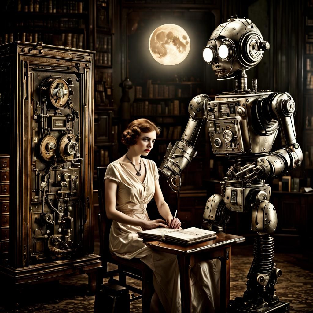 Beautiful Woman with Robot in Interwar Style