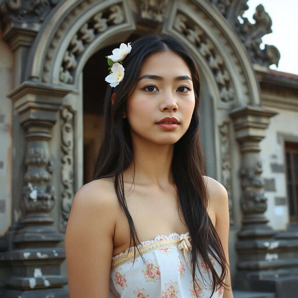 Filipina Woman at Temple in Impressionist Style