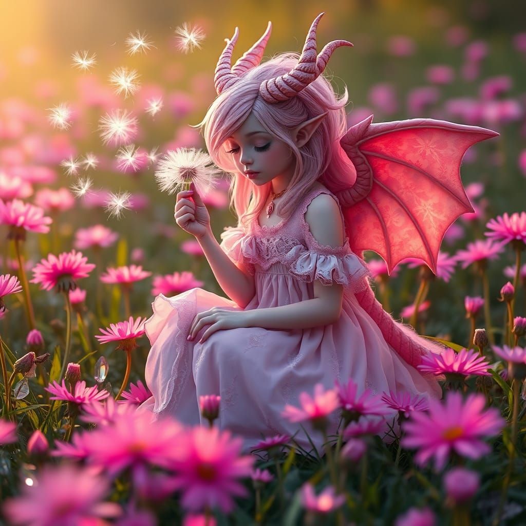 Pink Gothic Dragon-Girl in Dandelion Field