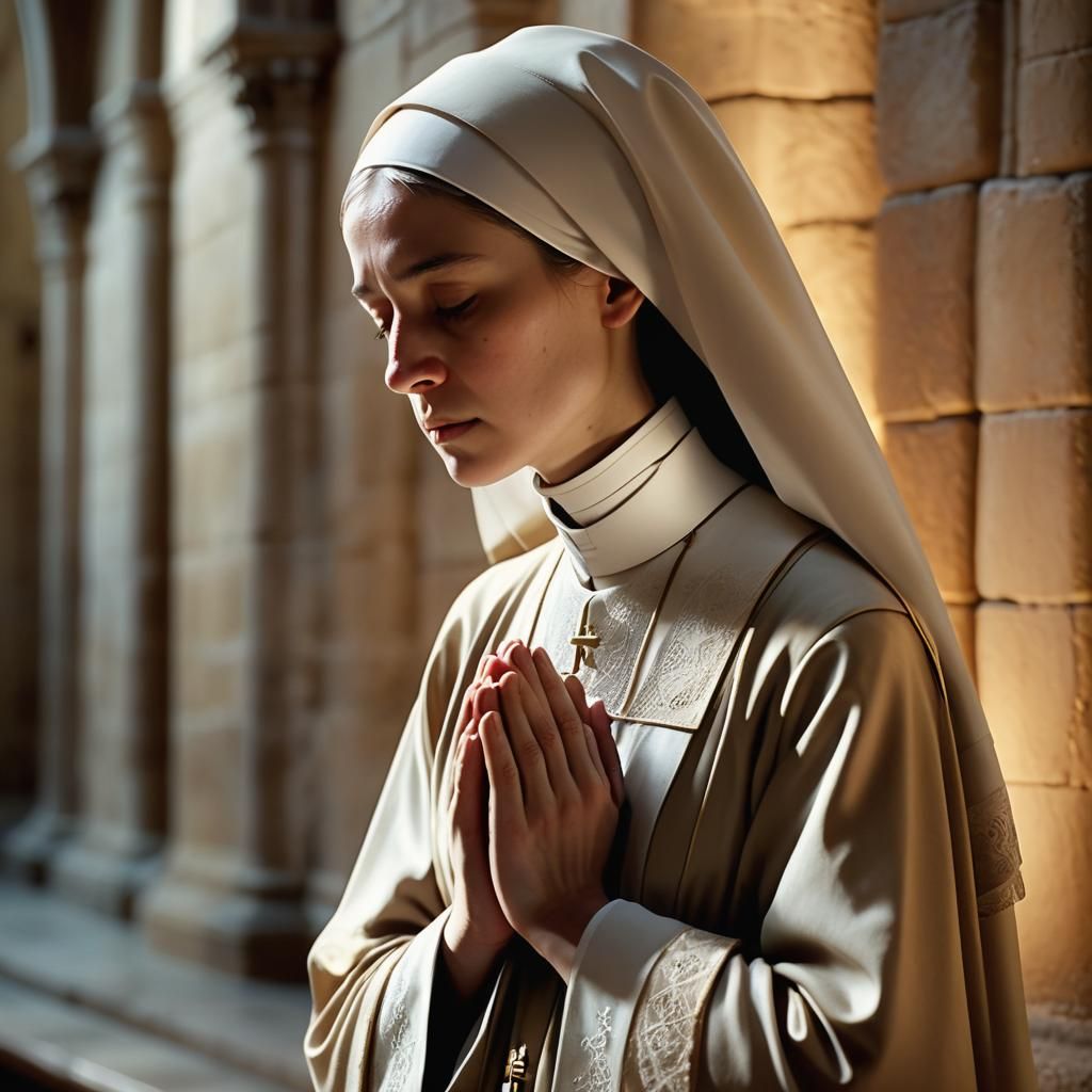 Nun Praying in Cathedral: Cinematic Film Still