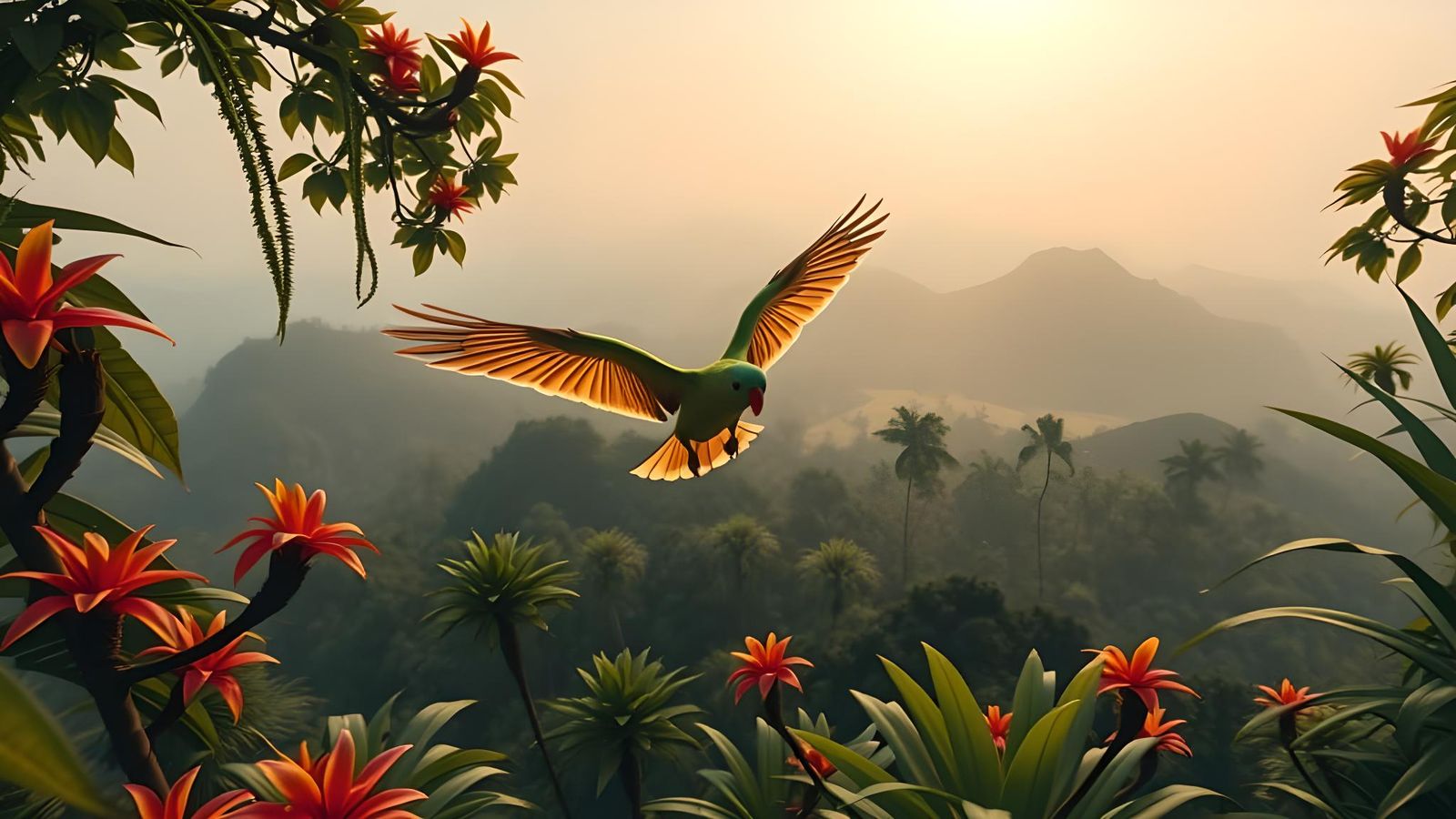 Lush Surinam Landscape with Parakeet in Hyperrealistic Style