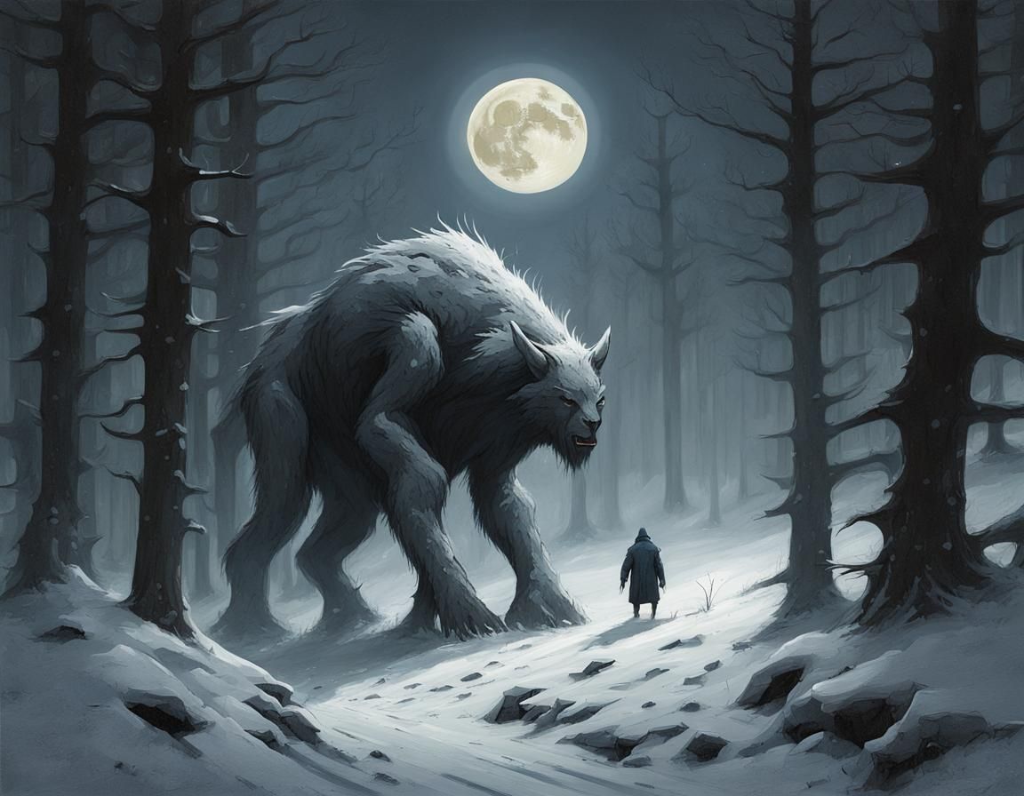 Sinister Creature in Winter Forest at Night