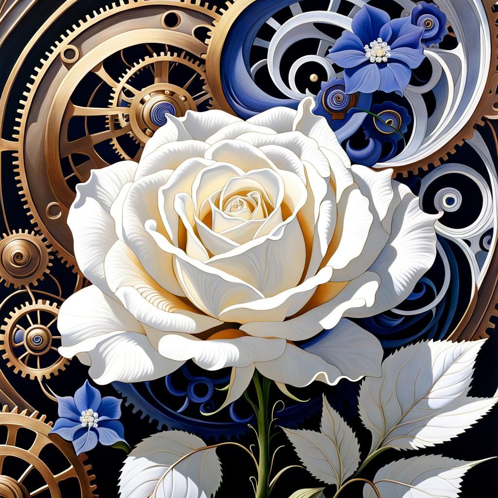 Steampunk Rose with Larkspur in Surreal Style