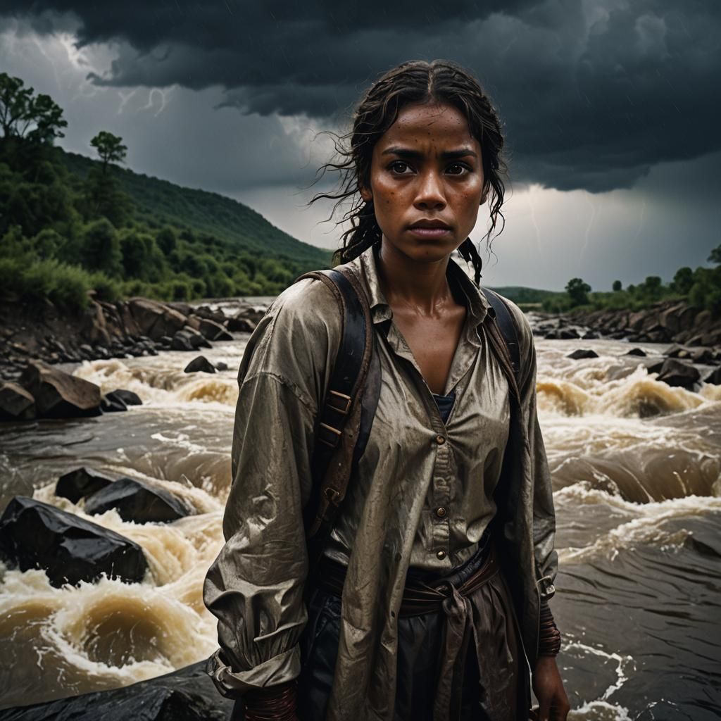 Cinematic Woman at River's Edge