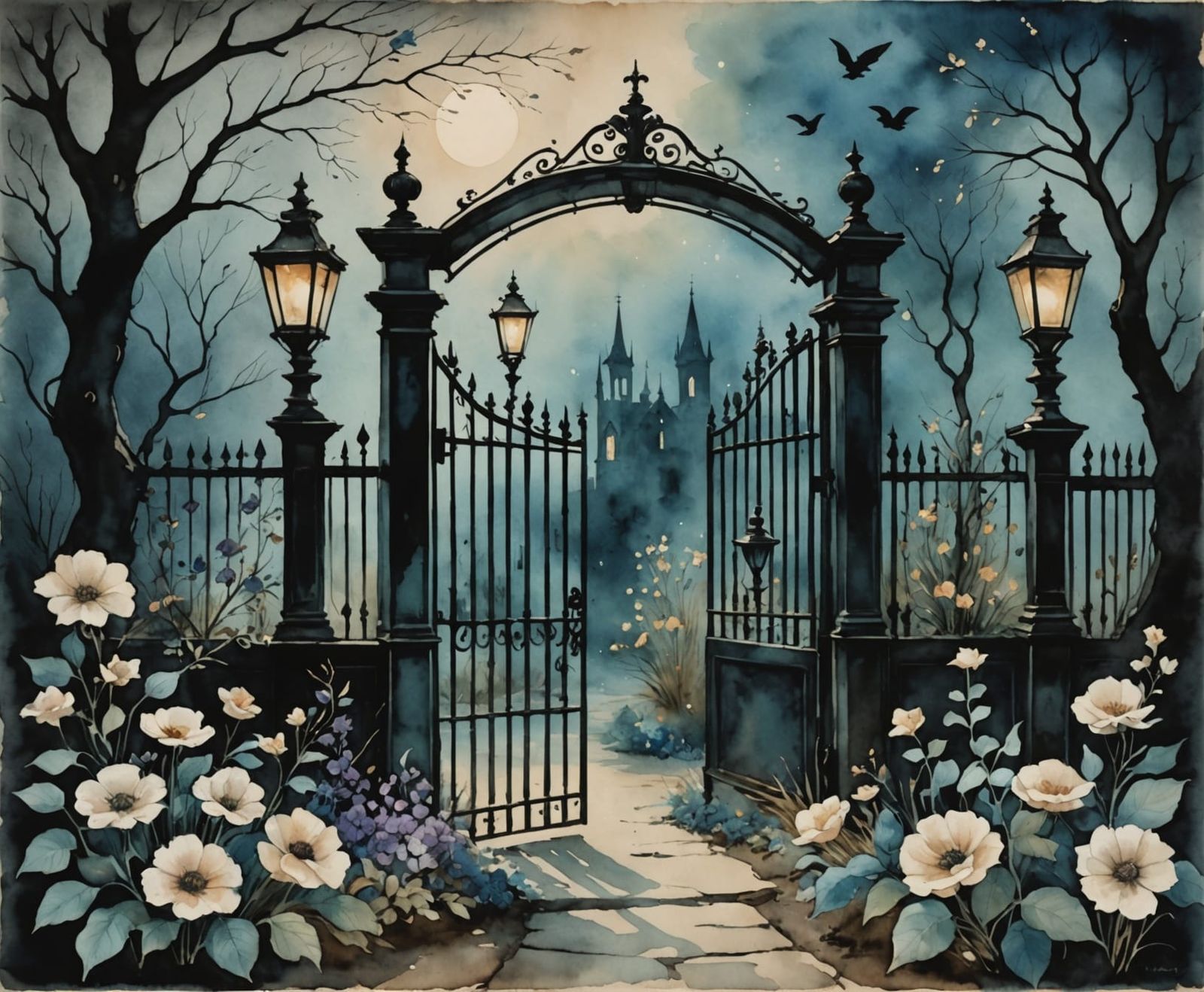 Haunted Garden Watercolor in Goya's Surreal Style