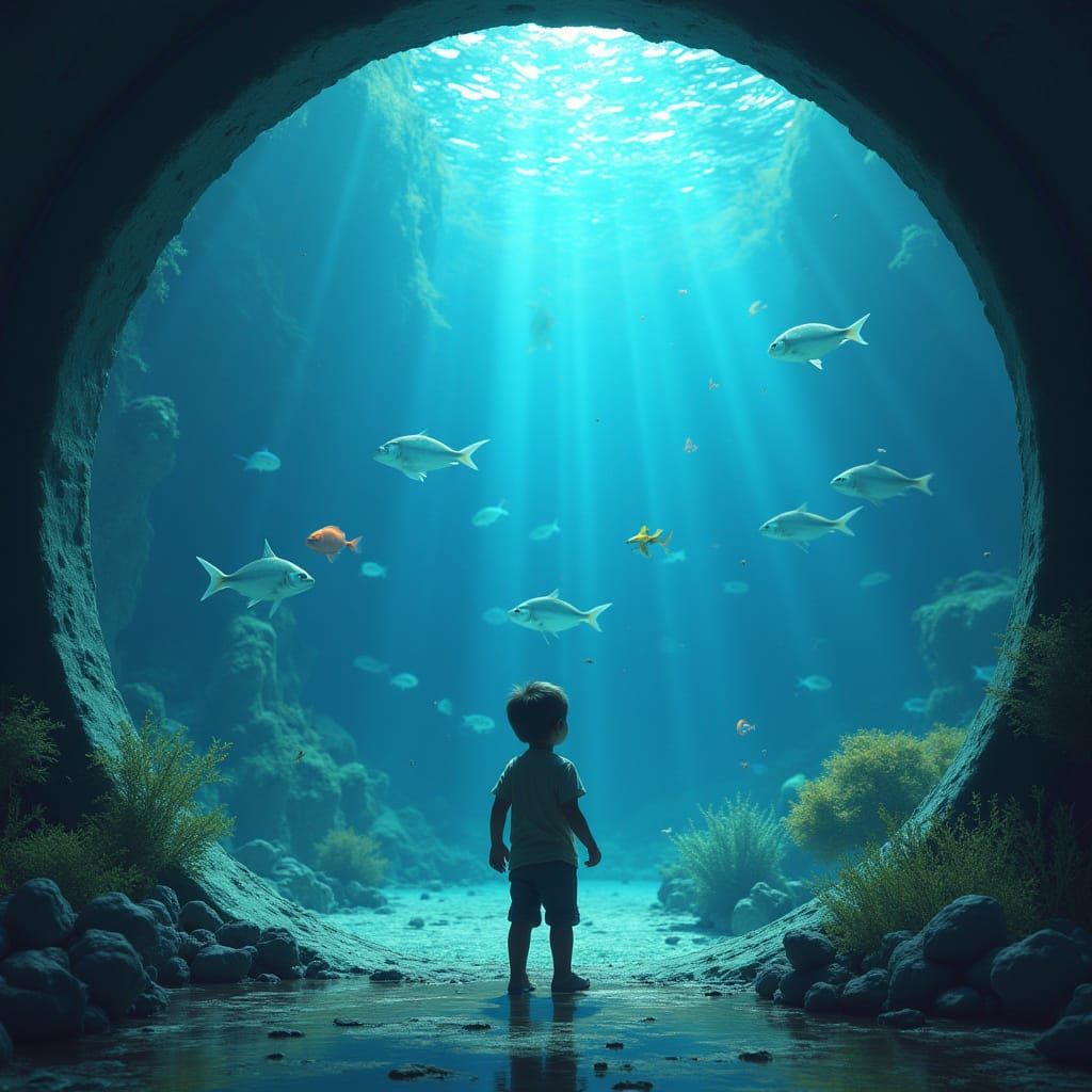 Surreal Underwater Scene of a Curious Child