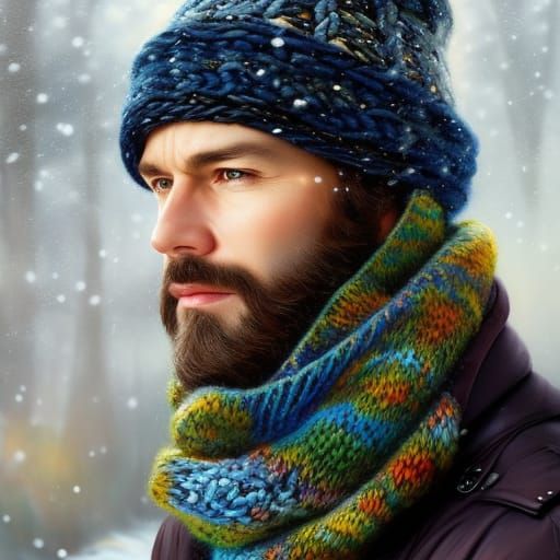 Colorful Knitted Winter Portrait in Hyperdetailed Style