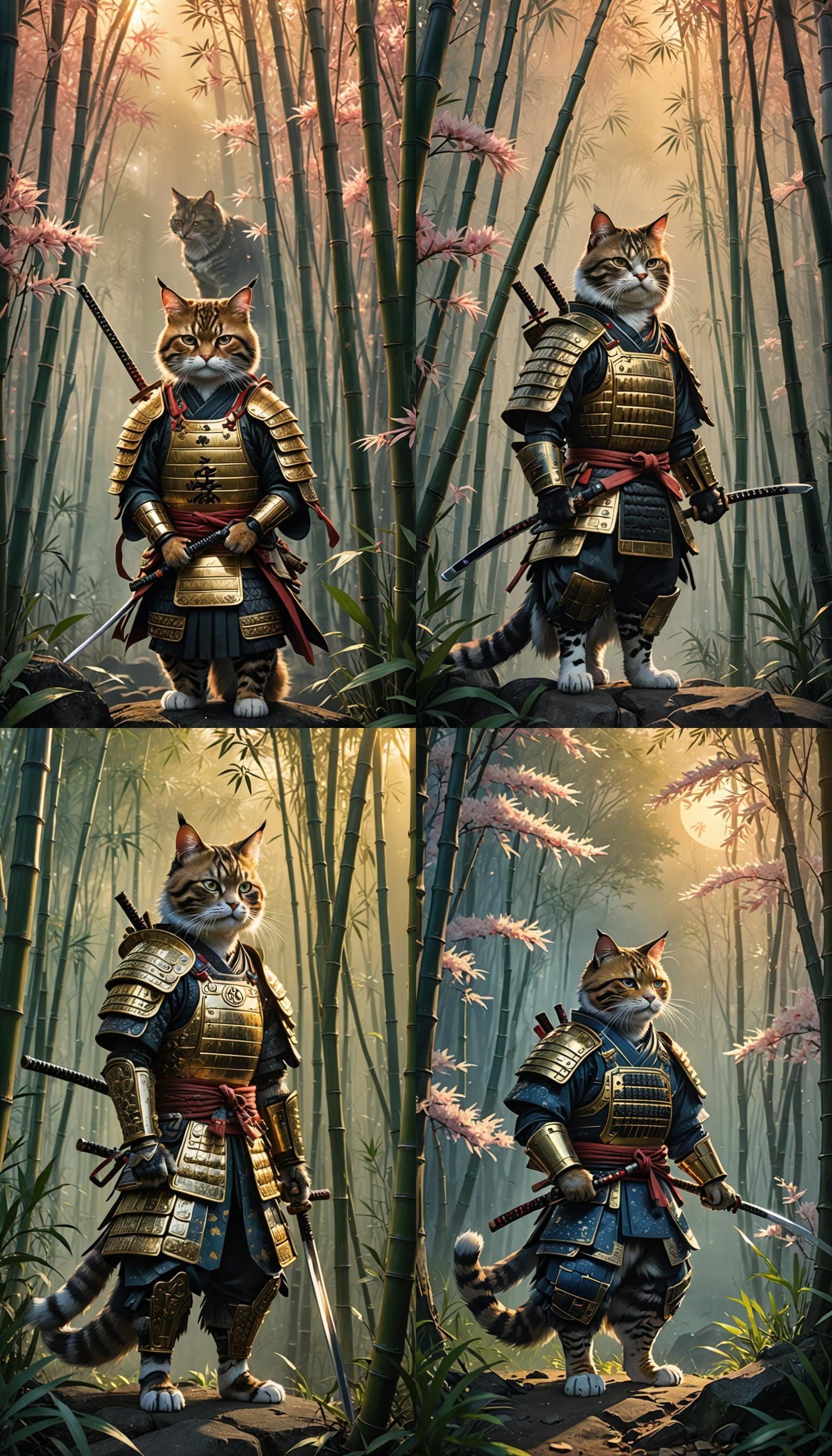 Samurai Cat in Misty Bamboo Forest