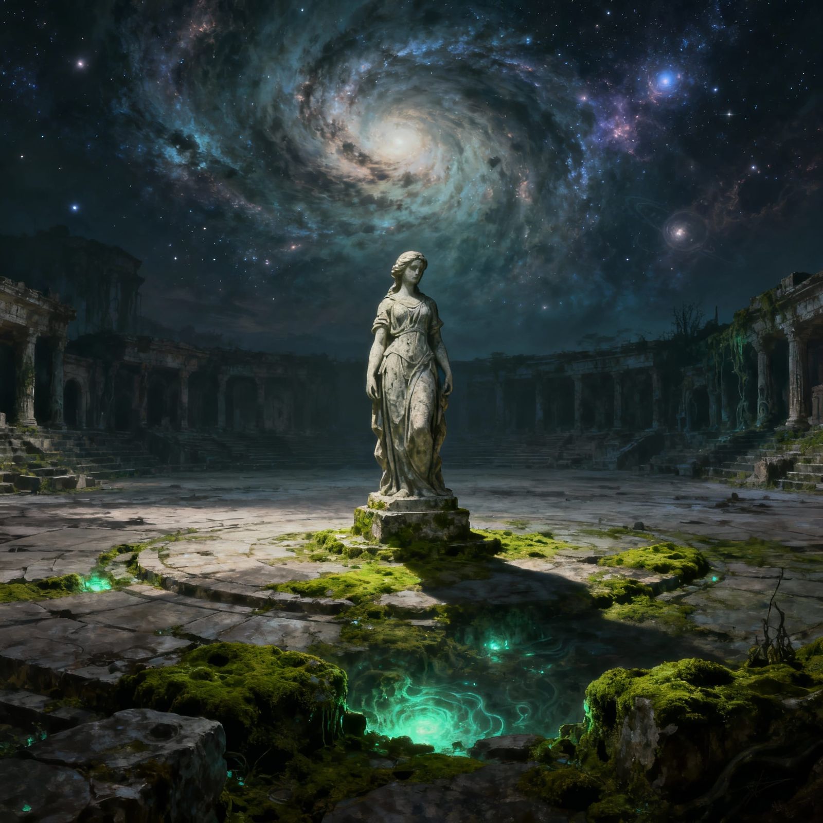 Ancient Statue in Cosmic Nebula