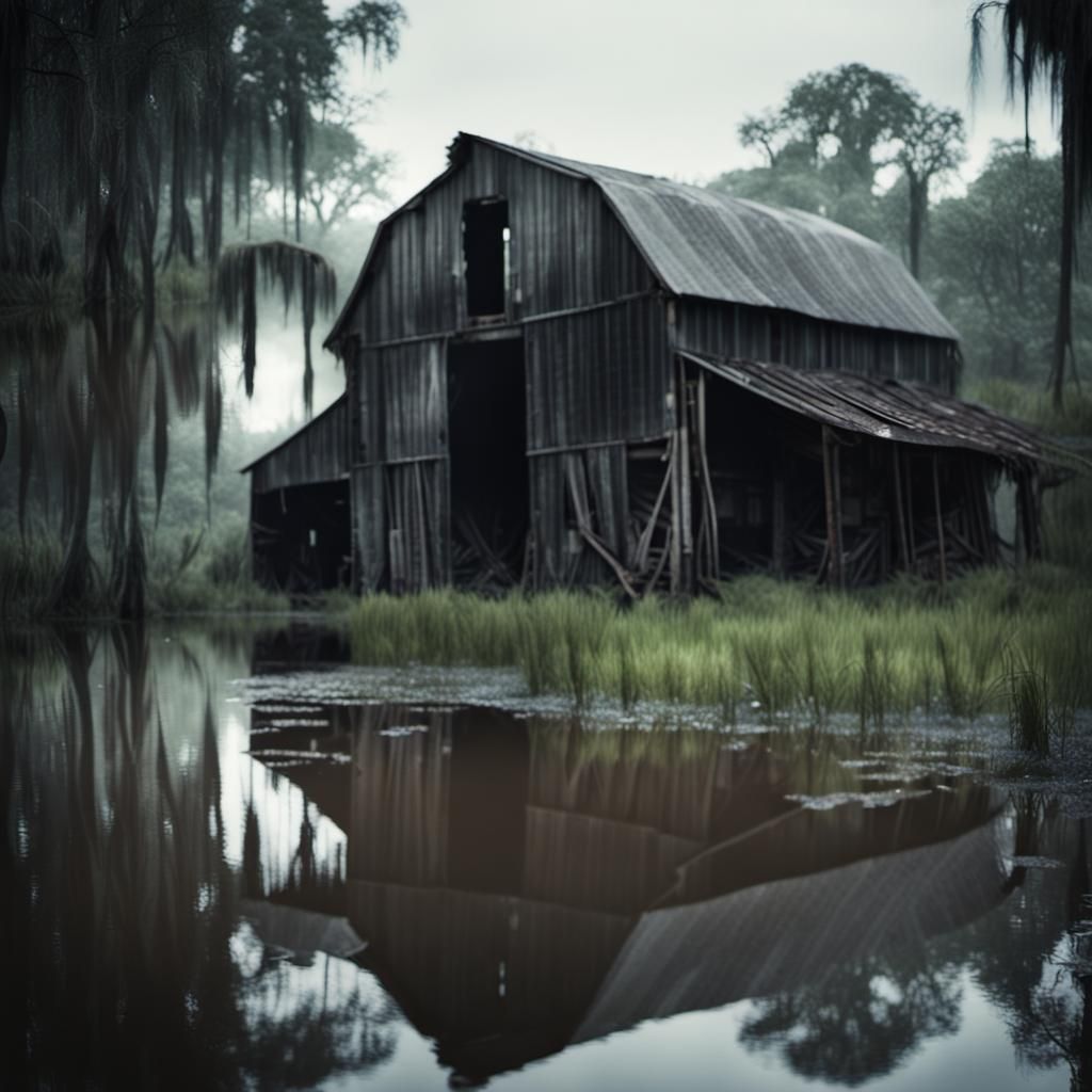 Gloomy, dark, ominious, sinister old weathered barn in a Bayou. Overgrown marches, muddy road, wet, swampy landscape, 8k...