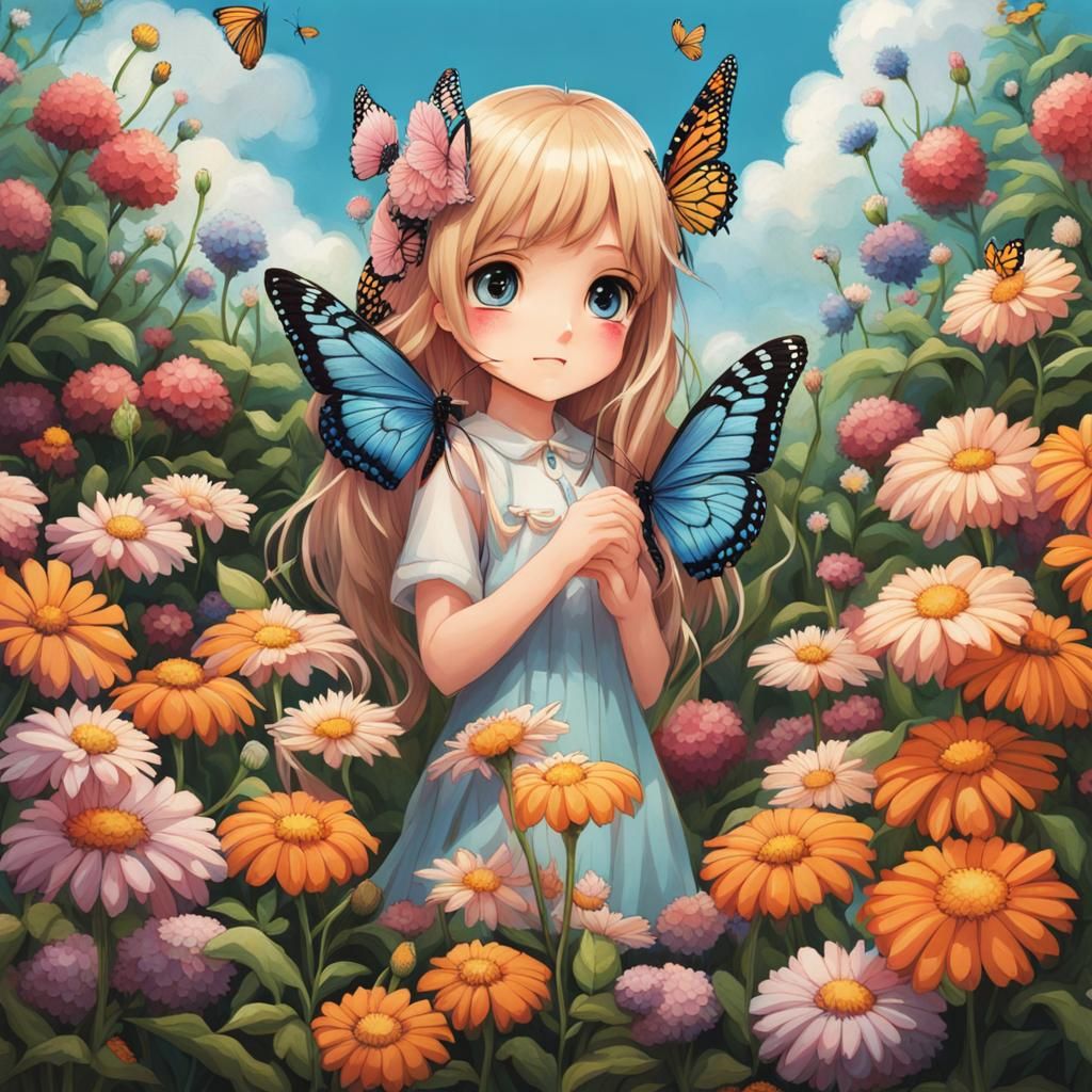 Chibi Girl Watches Butterfly on Flowers