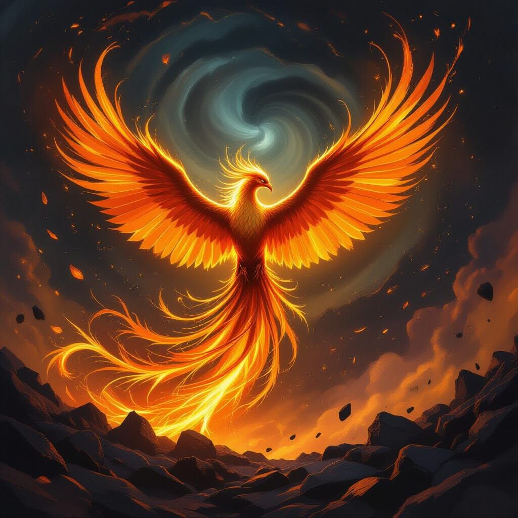 Majestic Phoenix Rises from Molten Gold in Cosmic Vortex