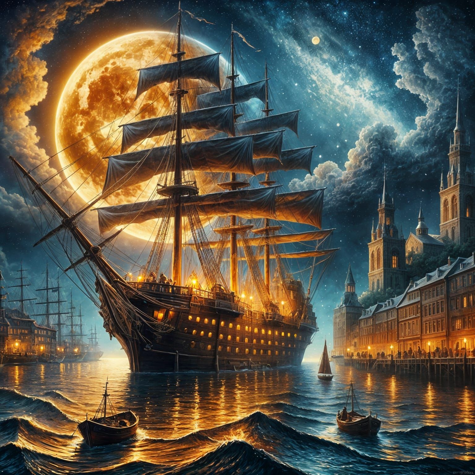 Majestic Wooden Sailboat Under the Glowing Lunar Sky