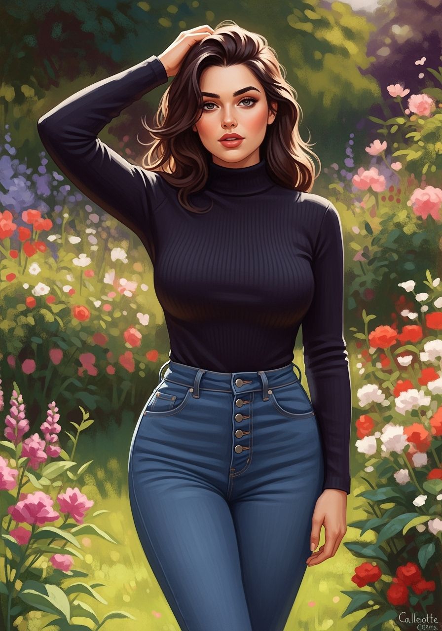 Brunette in Lush Garden, Impressionist Style