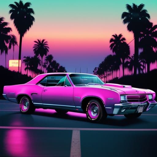 1965 Pontiac GTO on Sunset Blvd in Vaporwave Style