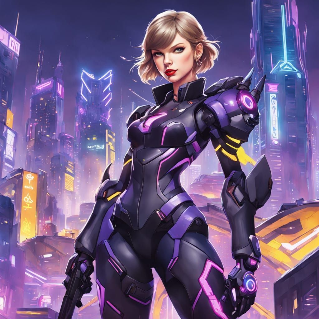 Taylor Swift as Cyberpunk Warrior in D.Va Mech Suit