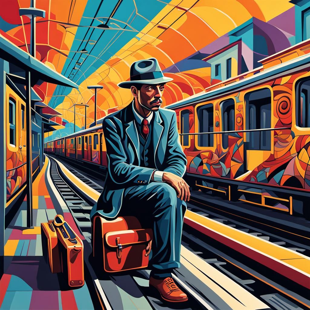 Man in Fedora Awaits Train: Vorticist Style