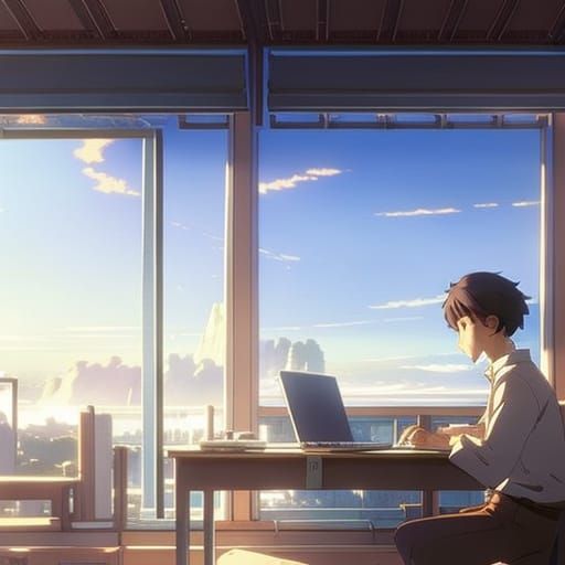 Young Man at Desk in Studio Ghibli Style