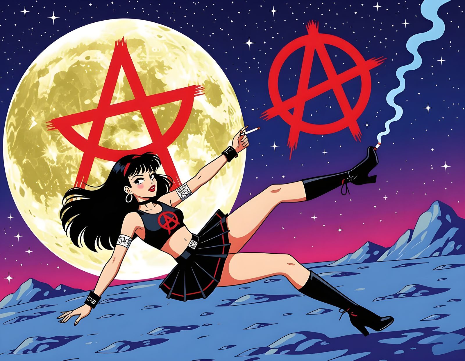 90s Anarchy Cheerleader Tags the Moon in Space