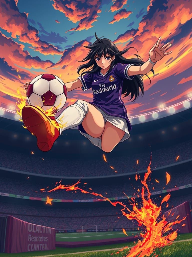 Determined Athlete Kicks Flaming Ball Under Dramatic Stadium...