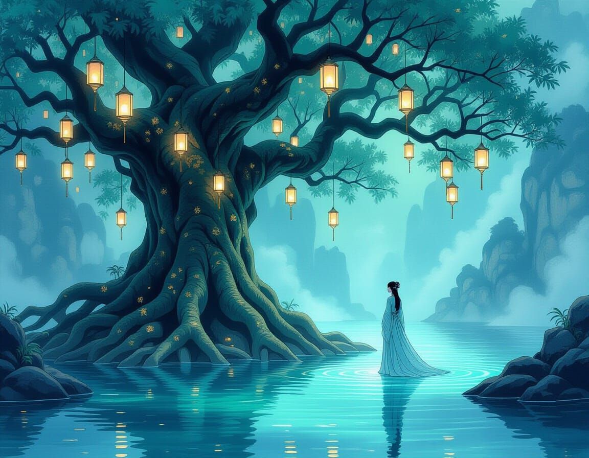 Underwater Tree Grotto with Woman in Ink Painting Style