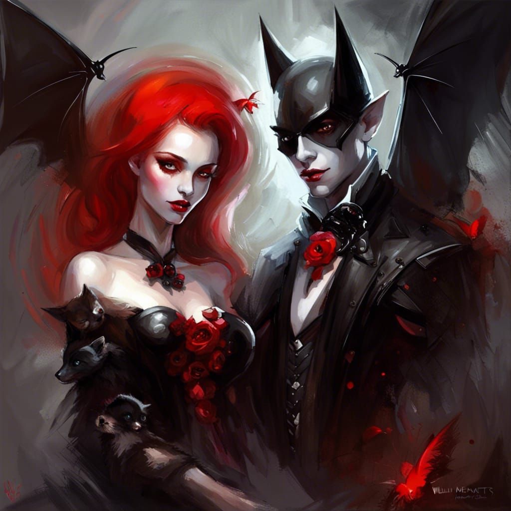 Beautiful Vampires with Robotic Bat in Haunting Portrait