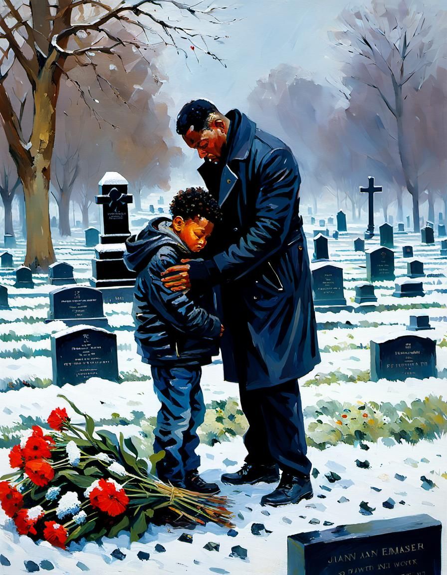 Sorrowful Father and Son at Grave, Impressionistic Painting