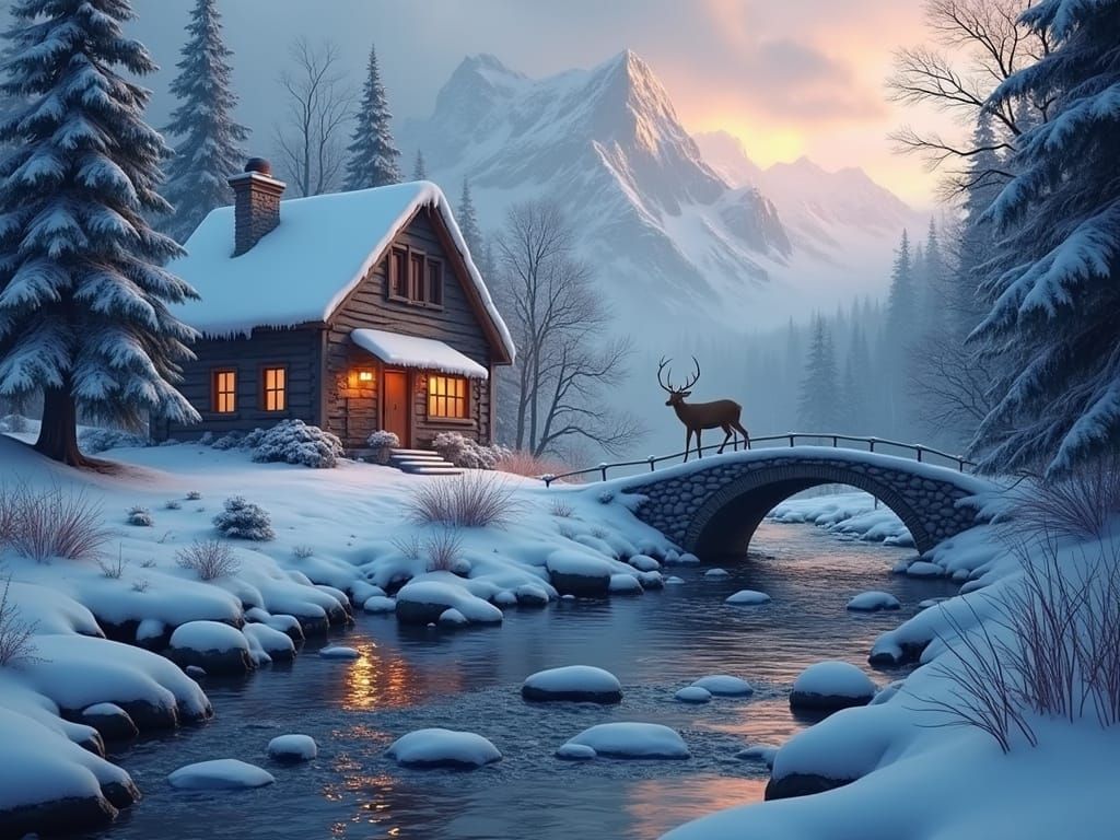 Winter Mountain Cabin Serenity with Deer and Stream