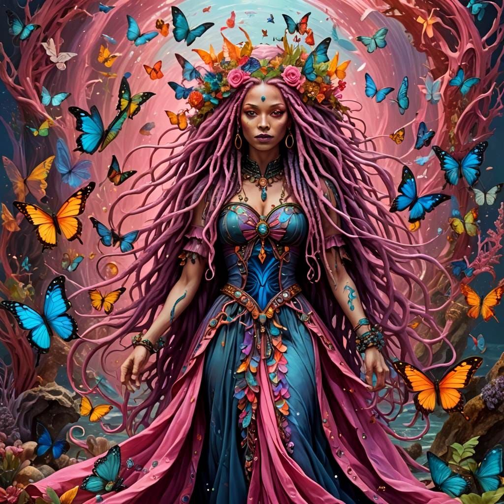 Surreal Witch with Butterfly Wings on Ocean Floor