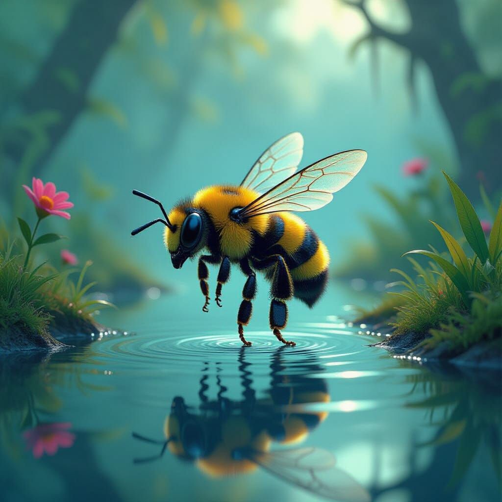 Sleepy Bee in Biopunk Armor over Misty Swamp