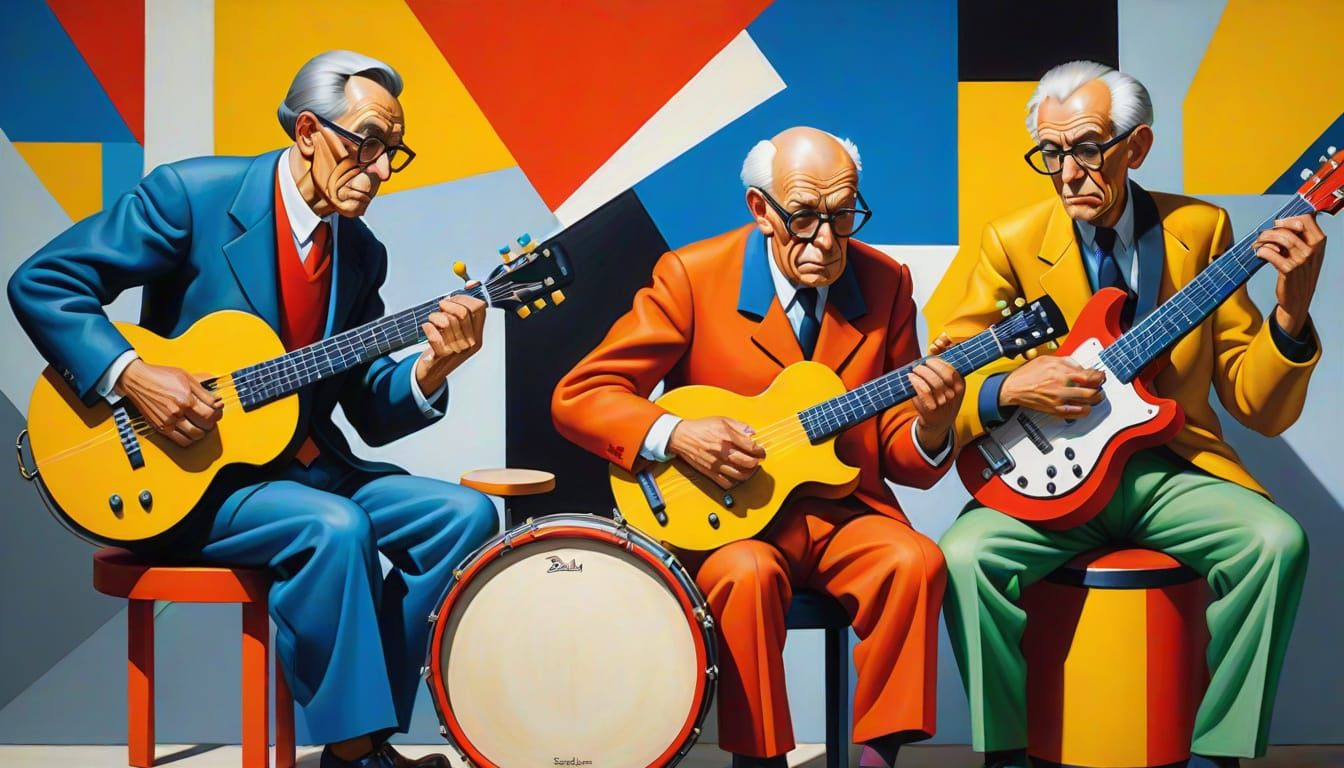 Comical Oil Painting of Old Rock Musicians