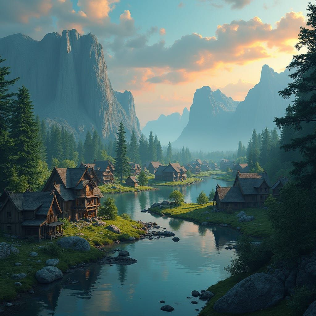 Viking Village Amidst Whimsical Fjord Landscape