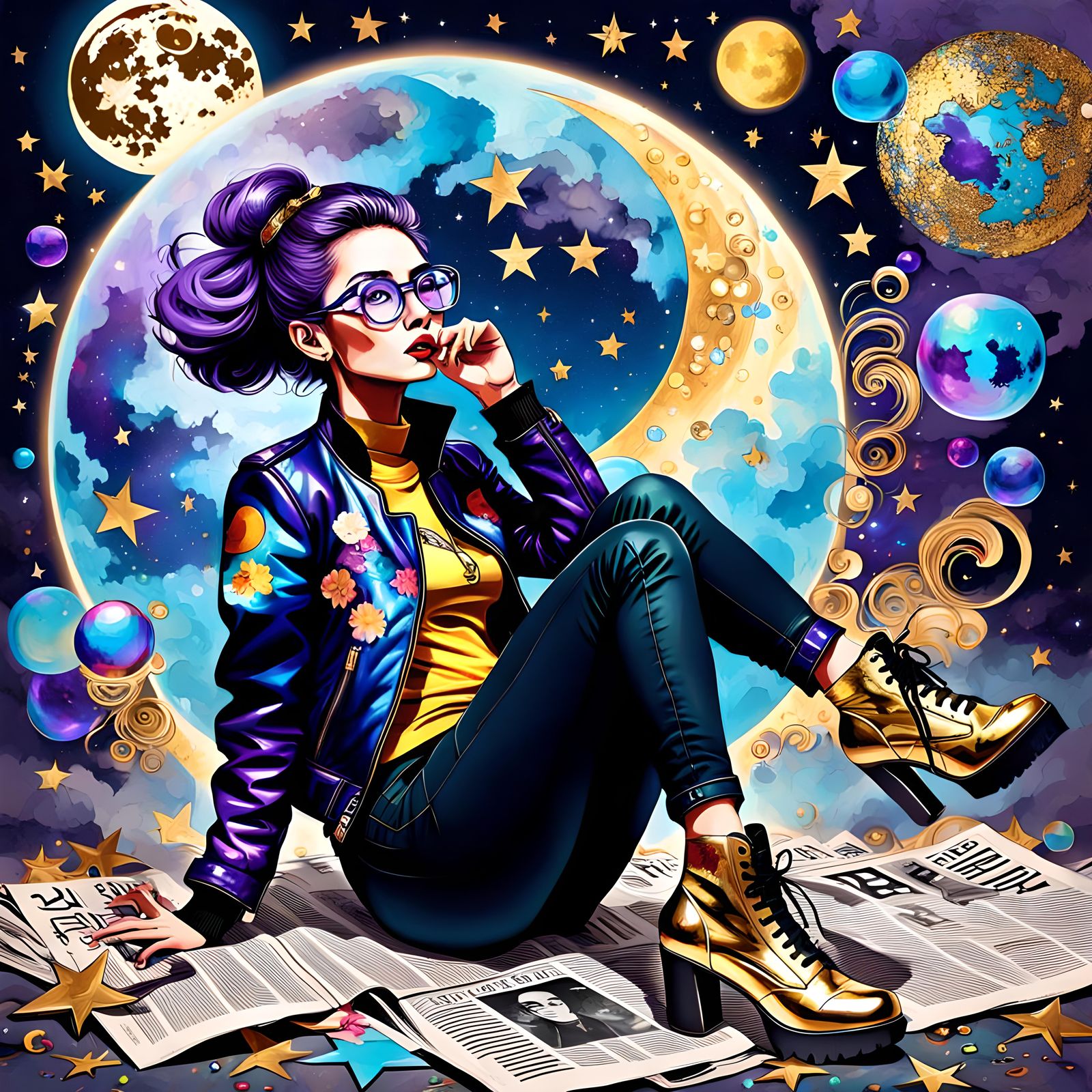 Graffiti Pop Art Portrait with Gold Leaf and Cosmic Elements