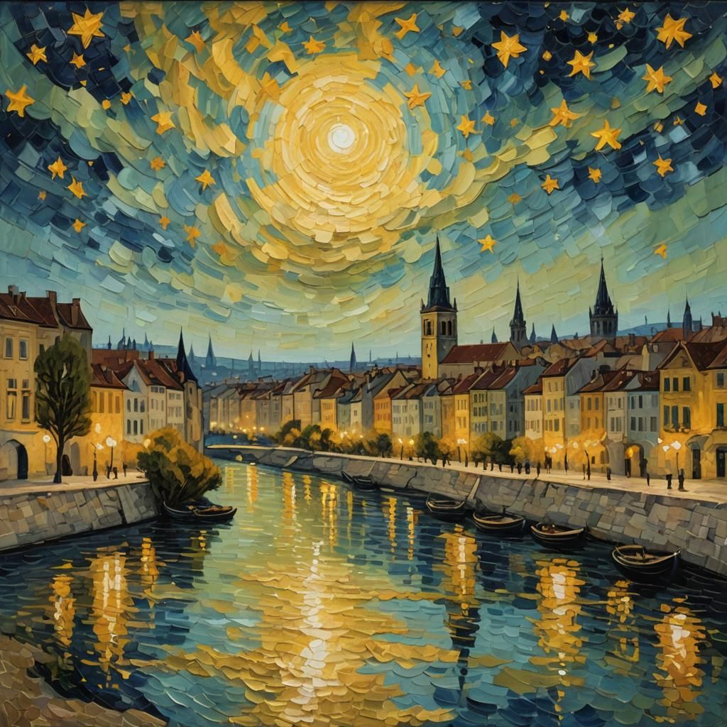 Expressionist Landscape with Yellow Stars: Impasto Oil Paint...