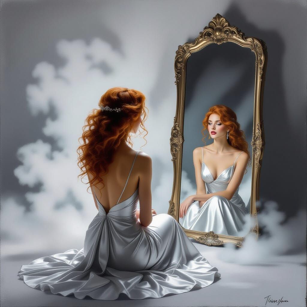 Woman Gazing in Ornate Mirror, Charcoal and Oil Style