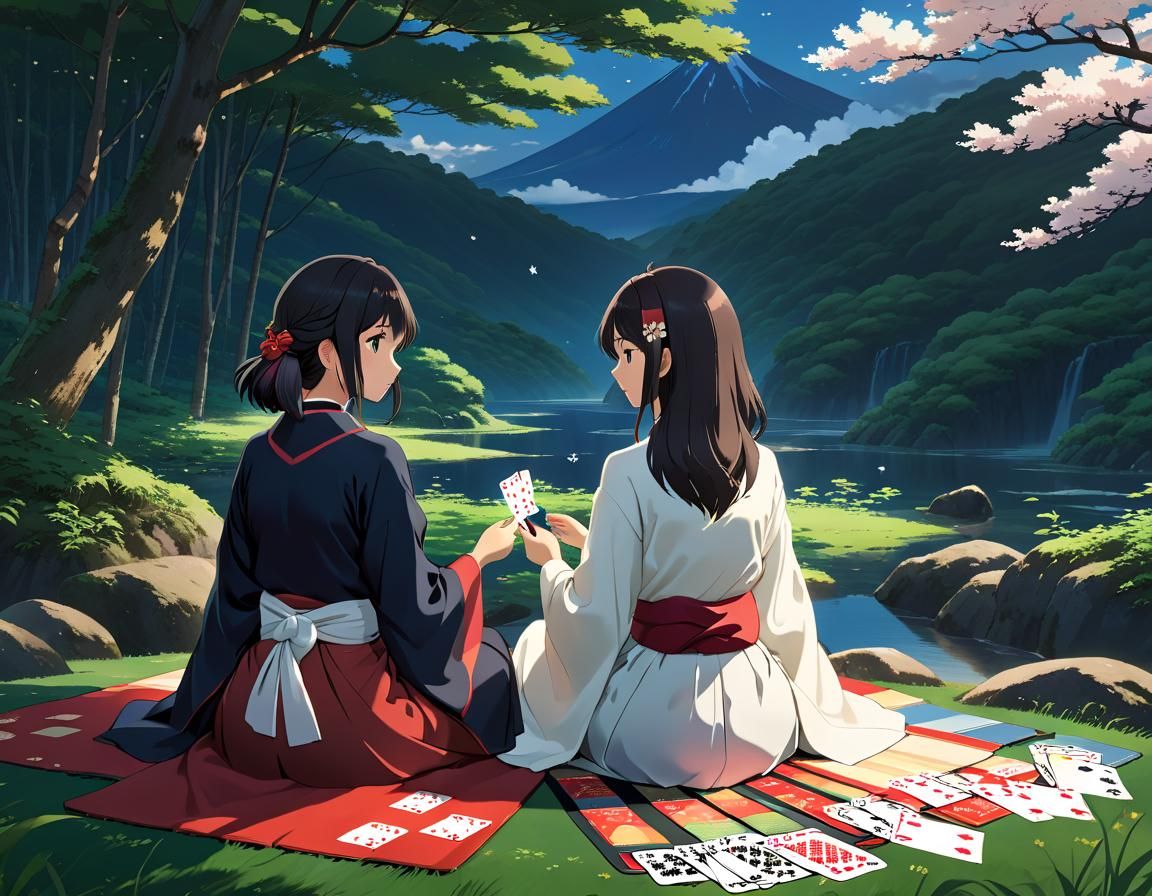 Elegant Girls Play Cards in Ghibli Anime Style
