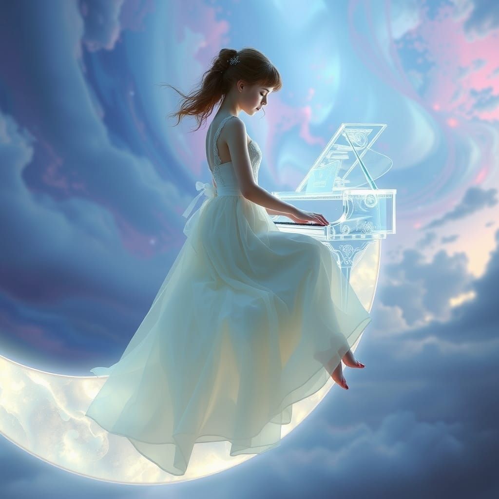 Girl on Moon Playing Glass Piano