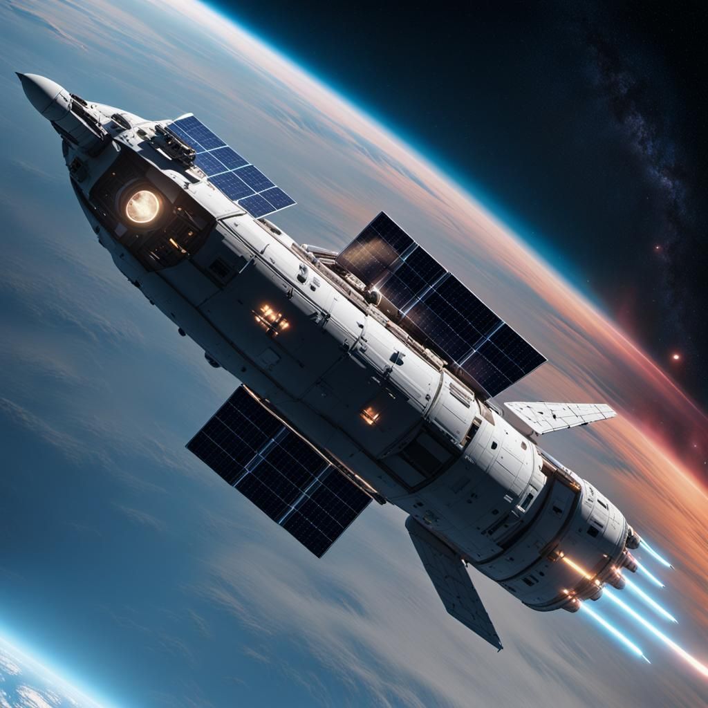 Spaceship Orbiting Earth with Aurora Borealis