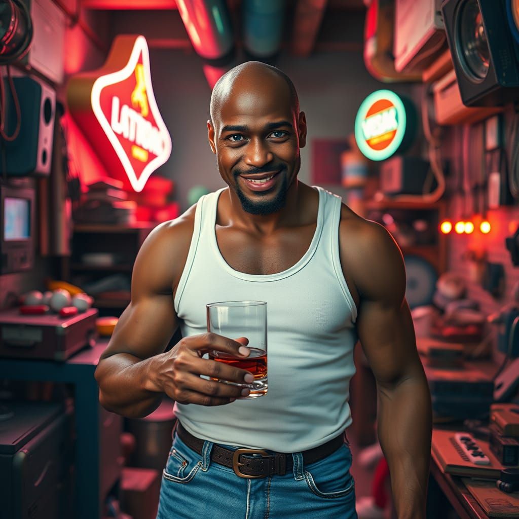 Afro-American Man in Desert Workshop, 3D Render