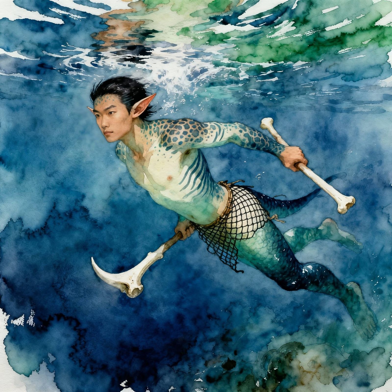 Sea Elf Warrior Swimming in Deep Ocean