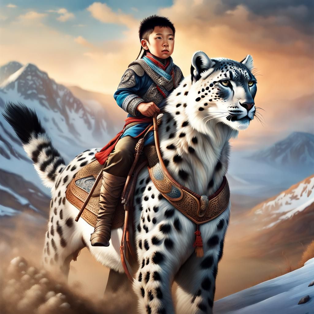 Mongolian Boy, Leopard, and Falcon: Hyperrealistic Splash Ar...