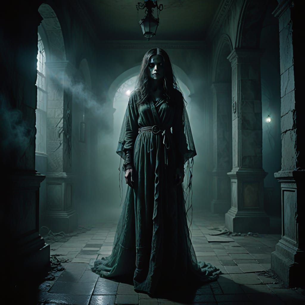 Gothic Surrealist Woman in Foggy Corridor with Glowing Eyes