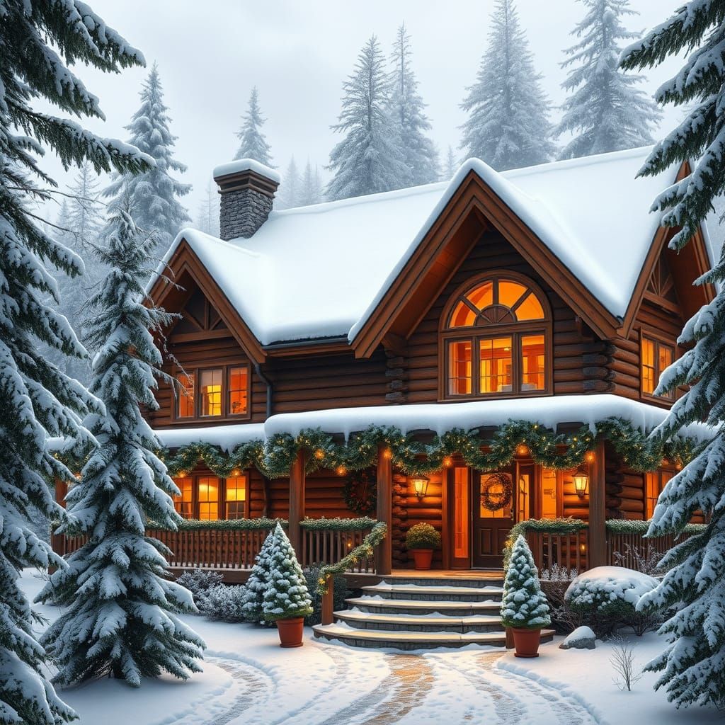 Snowy Log Cabin Mansion in Winter Forest