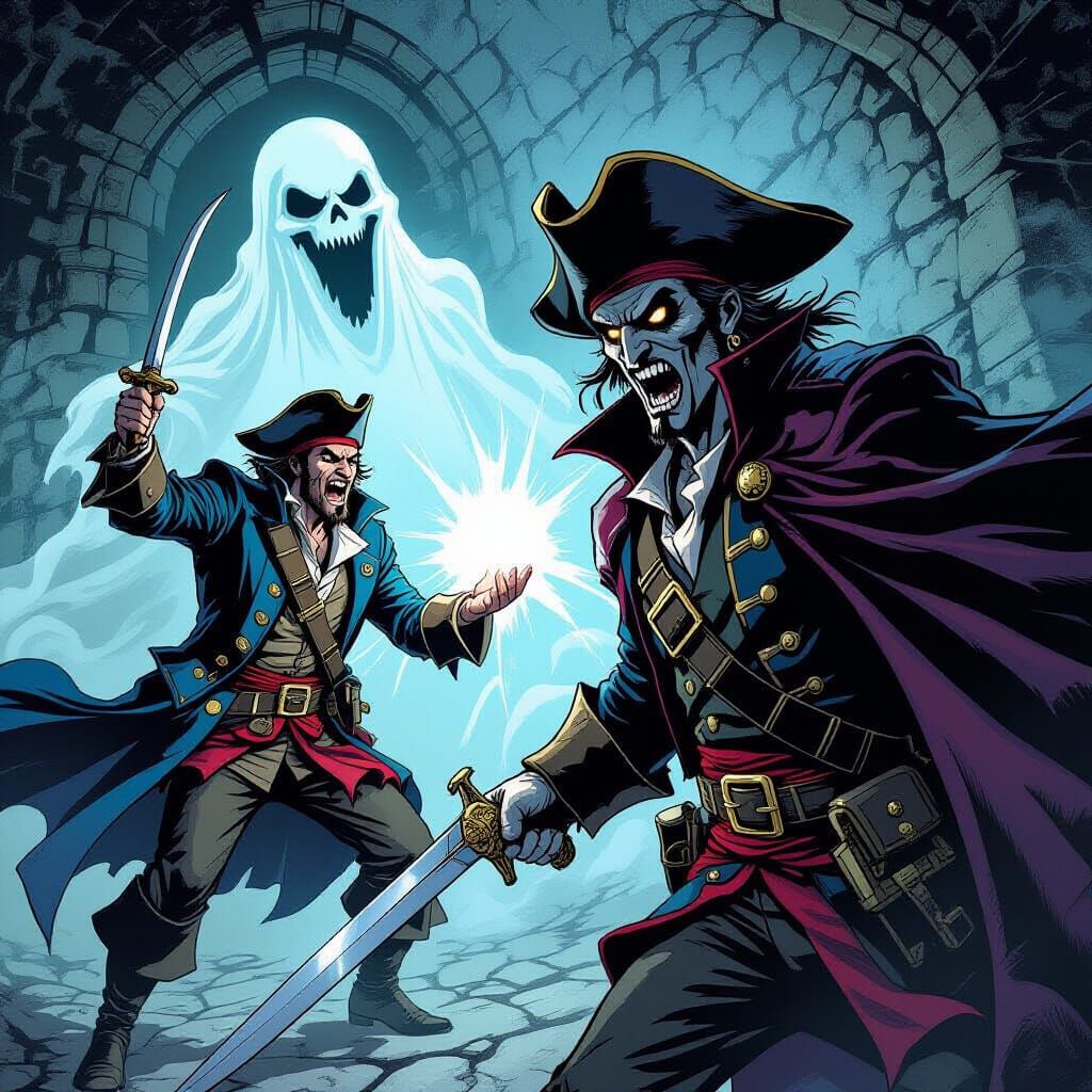 Pirate Ghost Hunters Capturing Dracula's Ghost in Comic Styl...