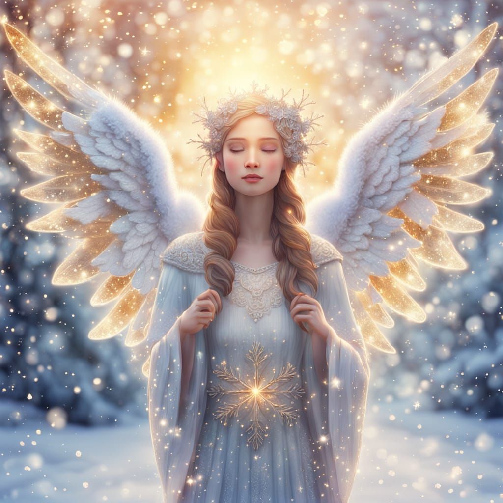 Magical Angel in Winter Wonderland Watercolor