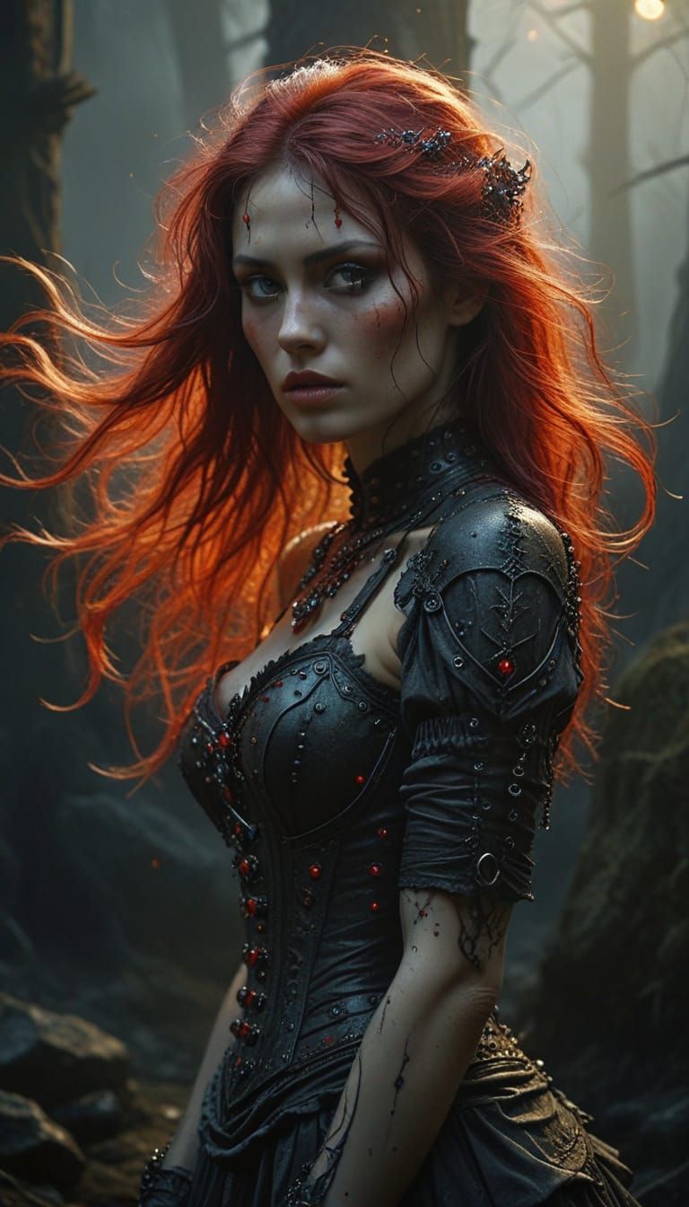 Gothic Girl in Crimson Mist, High Contrast Portrait