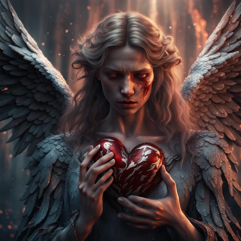 Crying Angel with Shattered Heart: Digital Art