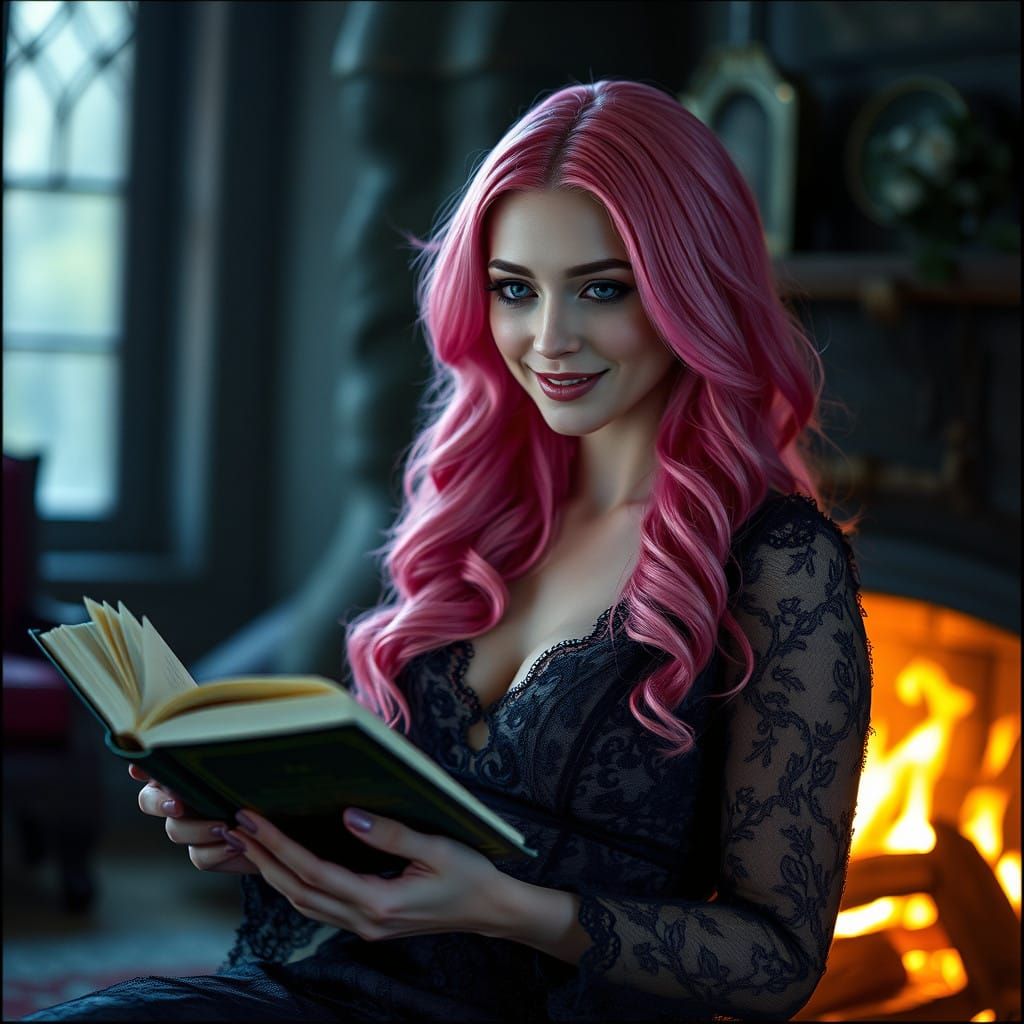 Elegant Gothic Romance: Pink Haired Woman by Firelight